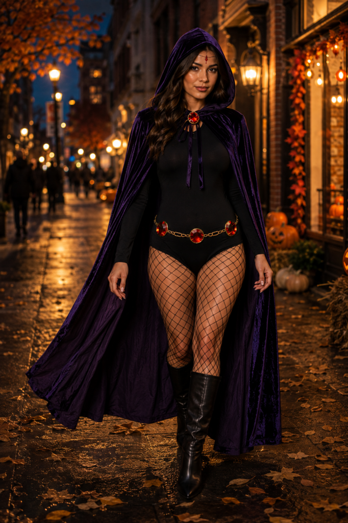 Adult female model walking on an autumn city street wearing a flowing purple hooded Halloween costume with red gemstone accessories, fishnet tights, and black boots.