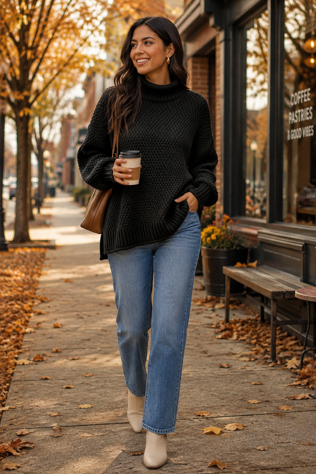 Adult female fashion model wearing a black oversized knitted turtleneck sweater with light blue straight-leg jeans and ankle boots on an autumn café-lined street.