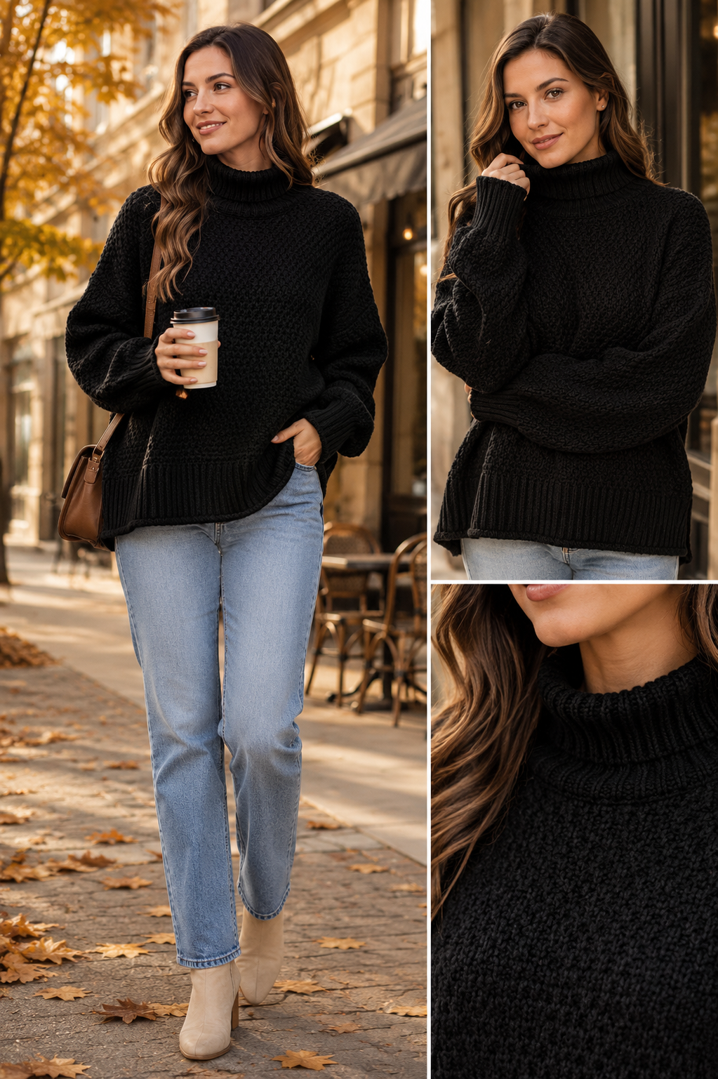 Black oversized knitted turtleneck sweater featuring a chunky textured knit, ribbed collar, long sleeves, ribbed cuffs, and ribbed hem.
